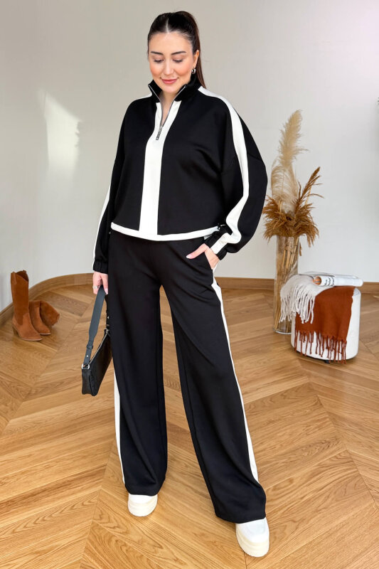 TKM-35704 Siyah Şerit Detaylı Dik Yaka Fermuarlı Bel Büzgülü İkili Takım - 4