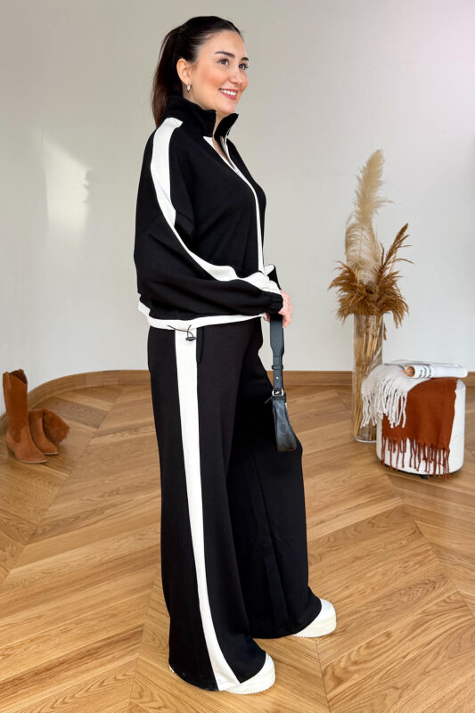 TKM-35704 Siyah Şerit Detaylı Dik Yaka Fermuarlı Bel Büzgülü İkili Takım - 5