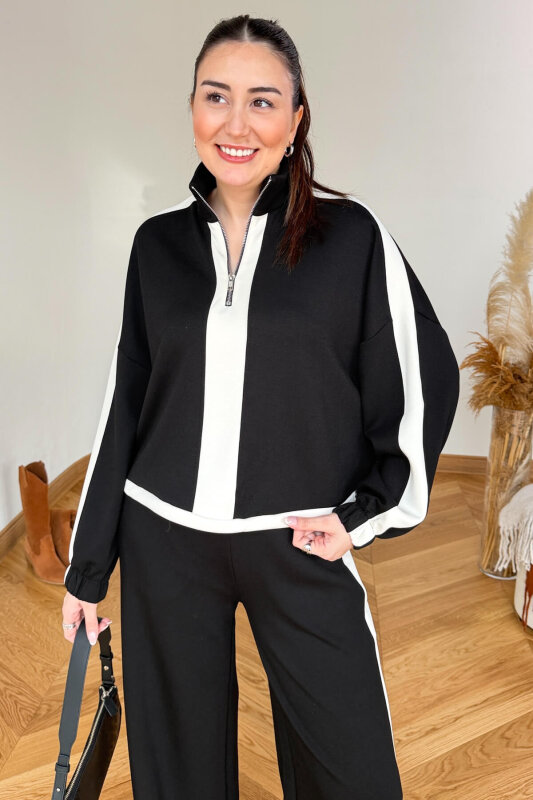 TKM-35704 Siyah Şerit Detaylı Dik Yaka Fermuarlı Bel Büzgülü İkili Takım - 2