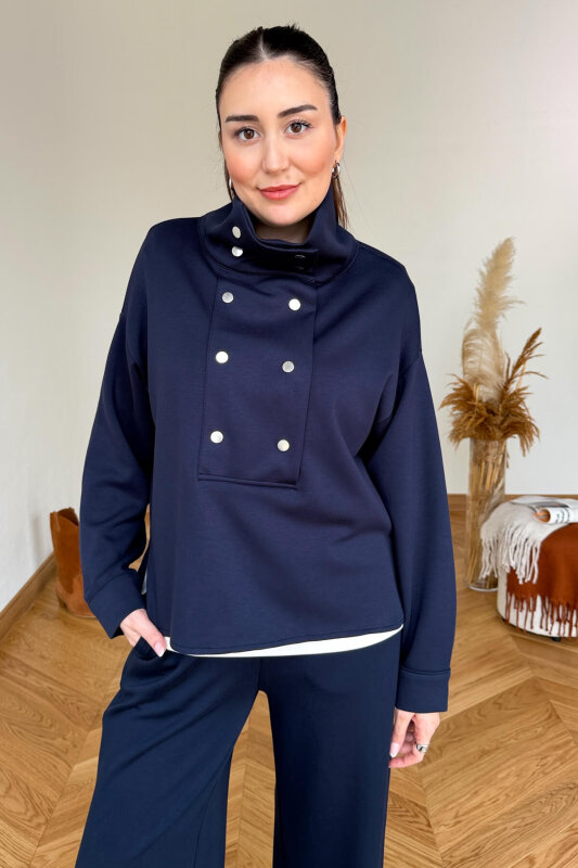 TKM-36704 Lacivert Çıtçıtlı Tasarım Yaka İthal Modal Kumaş İkili Takım - 6