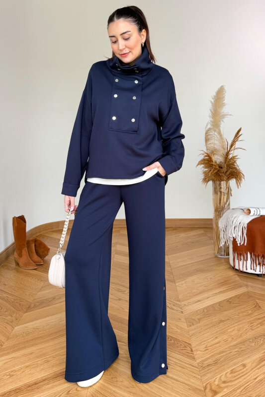 TKM-36704 Lacivert Çıtçıtlı Tasarım Yaka İthal Modal Kumaş İkili Takım - 1