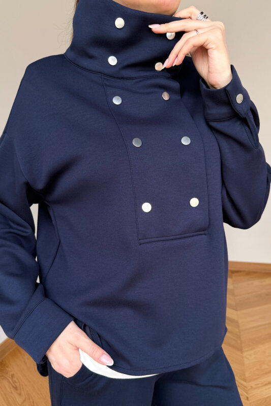 TKM-36704 Lacivert Çıtçıtlı Tasarım Yaka İthal Modal Kumaş İkili Takım - 7