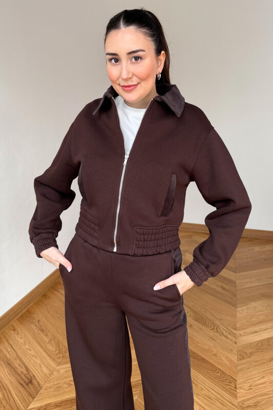 TKM-36904 Acı Kahve Kadife Yaka Bomber Ceket & Garnili Şardonlu Eşofman İkili Takım - 5