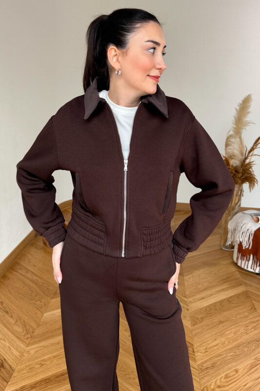 TKM-36904 Acı Kahve Kadife Yaka Bomber Ceket & Garnili Şardonlu Eşofman İkili Takım - 2