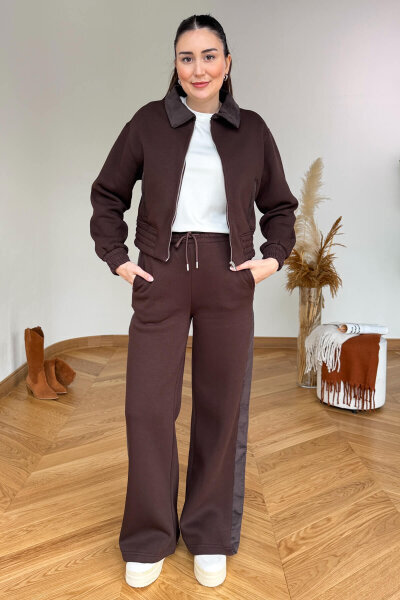 TKM-36904 Acı Kahve Kadife Yaka Bomber Ceket & Garnili Şardonlu Eşofman İkili Takım - 4