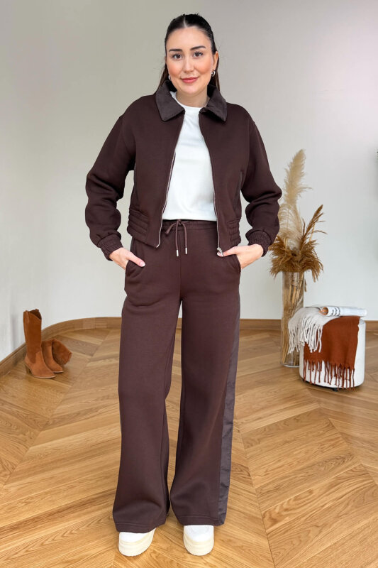 TKM-36904 Acı Kahve Kadife Yaka Bomber Ceket & Garnili Şardonlu Eşofman İkili Takım - 4