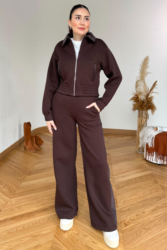 TKM-36904 Acı Kahve Kadife Yaka Bomber Ceket & Garnili Şardonlu Eşofman İkili Takım - 1