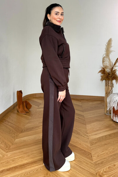 TKM-36904 Acı Kahve Kadife Yaka Bomber Ceket & Garnili Şardonlu Eşofman İkili Takım - 6