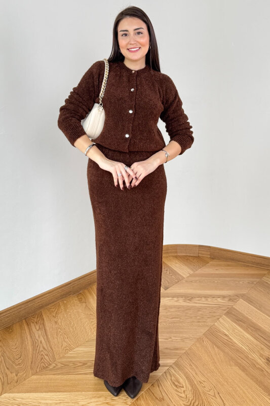 TKM-3835 Acı Kahve Bukle Triko Düğmeli Hırka & Kalem Etek Takım - 3