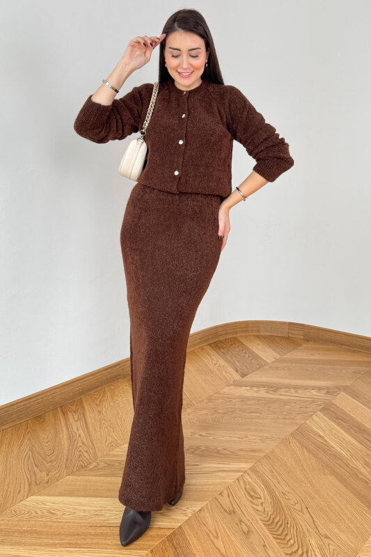 TKM-3835 Acı Kahve Bukle Triko Düğmeli Hırka & Kalem Etek Takım - 4