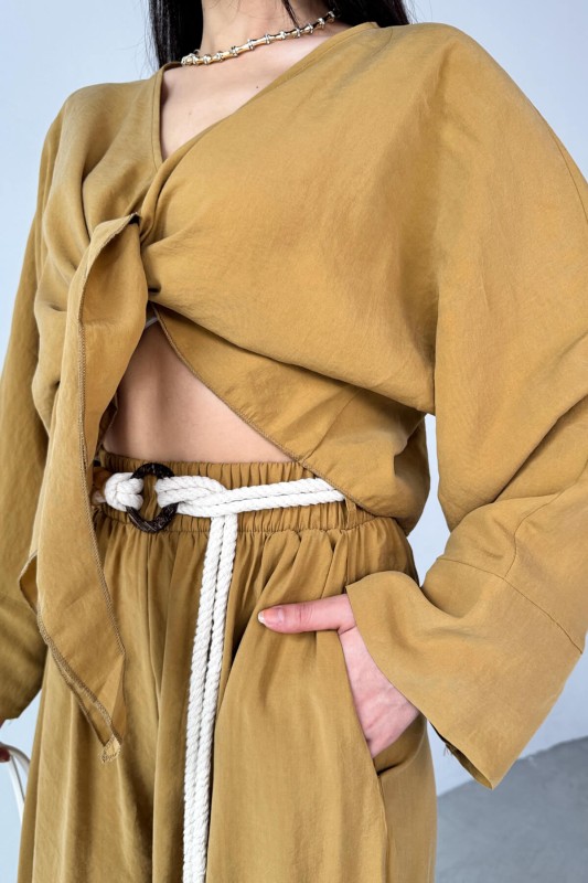 TKM-51140 Hardal Önden Bağlamalı Bluz Kemerli Şalvar Pantolon İkili Takım - 5