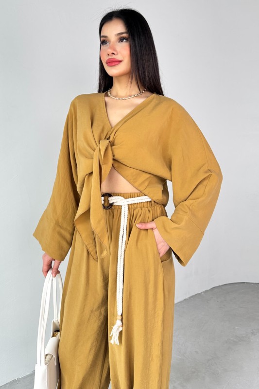 TKM-51140 Hardal Önden Bağlamalı Bluz Kemerli Şalvar Pantolon İkili Takım - 6