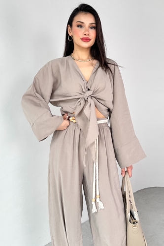 TKM-51140 Vizon Önden Bağlamalı Bluz Kemerli Şalvar Pantolon İkili Takım - 5