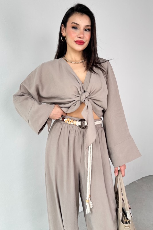 TKM-51140 Vizon Önden Bağlamalı Bluz Kemerli Şalvar Pantolon İkili Takım - 2