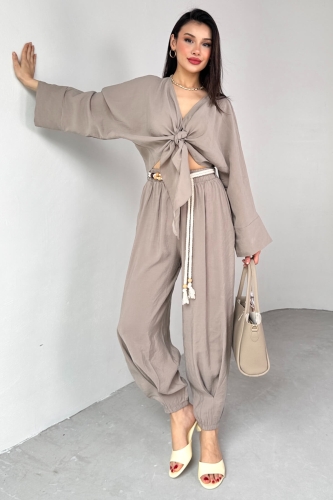 TKM-51140 Vizon Önden Bağlamalı Bluz Kemerli Şalvar Pantolon İkili Takım - 6