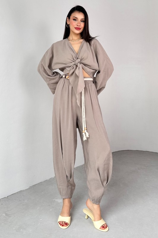 TKM-51140 Vizon Önden Bağlamalı Bluz Kemerli Şalvar Pantolon İkili Takım - 7