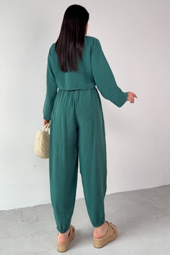 TKM-51140 Zümrüt Yeşili Önden Bağlamalı Bluz Kemerli Şalvar Pantolon İkili Takım - 5