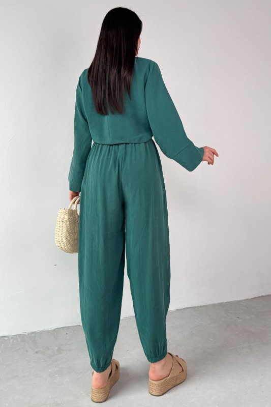 TKM-51140 Zümrüt Yeşili Önden Bağlamalı Bluz Kemerli Şalvar Pantolon İkili Takım - 5