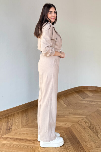 TKM-7032 Bej Selanik Kumaş Kapüşonlu Yumoş Crop Takım - 3