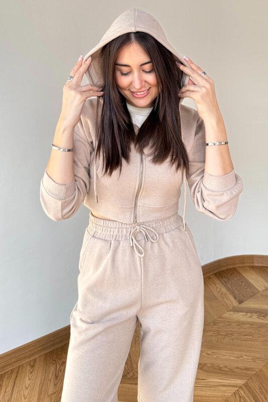 TKM-7032 Bej Selanik Kumaş Kapüşonlu Yumoş Crop Takım - 2