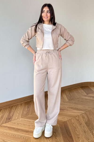 TKM-7032 Bej Selanik Kumaş Kapüşonlu Yumoş Crop Takım - 4