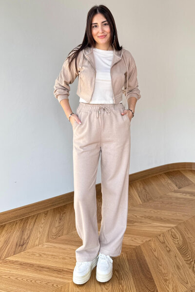 TKM-7032 Bej Selanik Kumaş Kapüşonlu Yumoş Crop Takım - Cappmoda