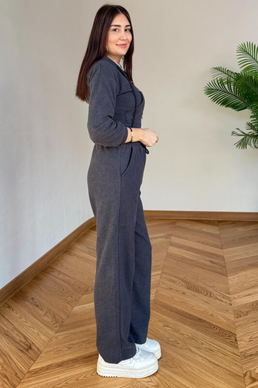 TKM-7032 Füme Selanik Kumaş Kapüşonlu Yumoş Crop Takım - 3