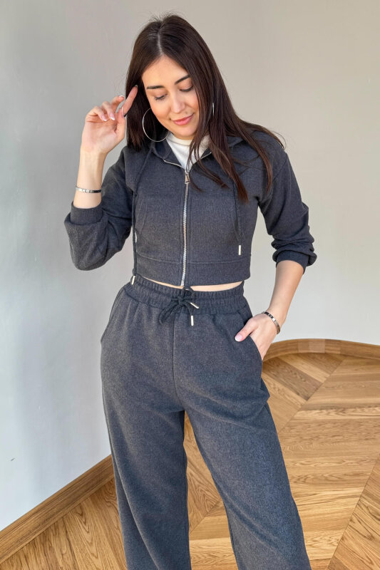 TKM-7032 Füme Selanik Kumaş Kapüşonlu Yumoş Crop Takım - 2