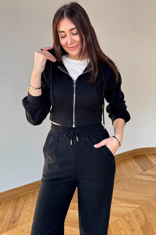 TKM-7032 Siyah Selanik Kumaş Kapüşonlu Yumoş Crop Takım - 2