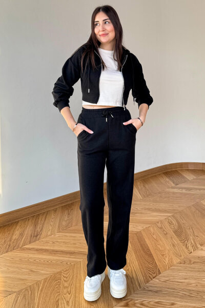 TKM-7032 Siyah Selanik Kumaş Kapüşonlu Yumoş Crop Takım - Cappmoda