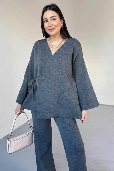 TKM-7206 Füme Çelik Örme Oversize Hırka & Yüksek Bel Pantolon İkili Triko Takım - 2