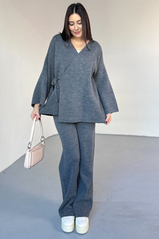 TKM-7206 Füme Çelik Örme Oversize Hırka & Yüksek Bel Pantolon İkili Triko Takım - 1