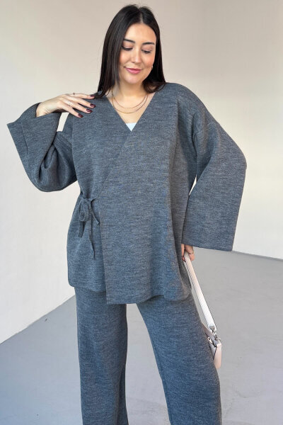 TKM-7206 Füme Çelik Örme Oversize Hırka & Yüksek Bel Pantolon İkili Triko Takım - 3