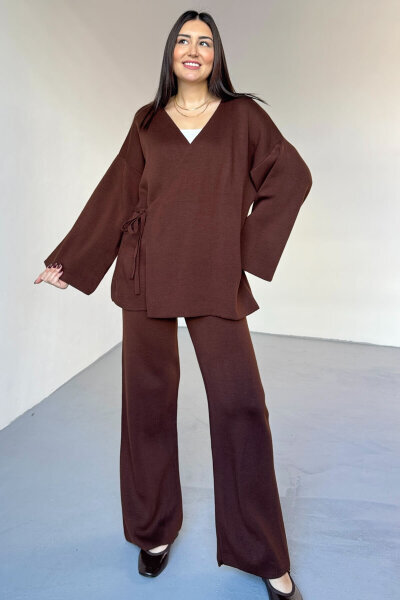TKM-7206 Kahverengi Çelik Örme Oversize Hırka & Yüksek Bel Pantolon İkili Triko Takım 