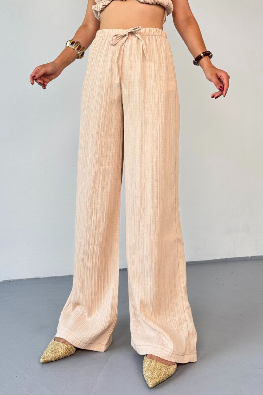 TKM-8028 Bej Bağlamalı Büzgü Detaylı Bluz & Bol Paça Pantolon Takım - 4