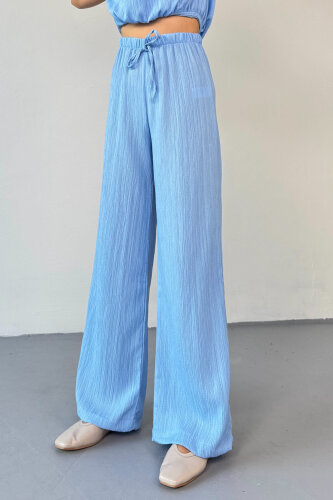 TKM-8028 Mavi Bağlamalı Büzgü Detaylı Bluz & Bol Paça Pantolon Takım - 8