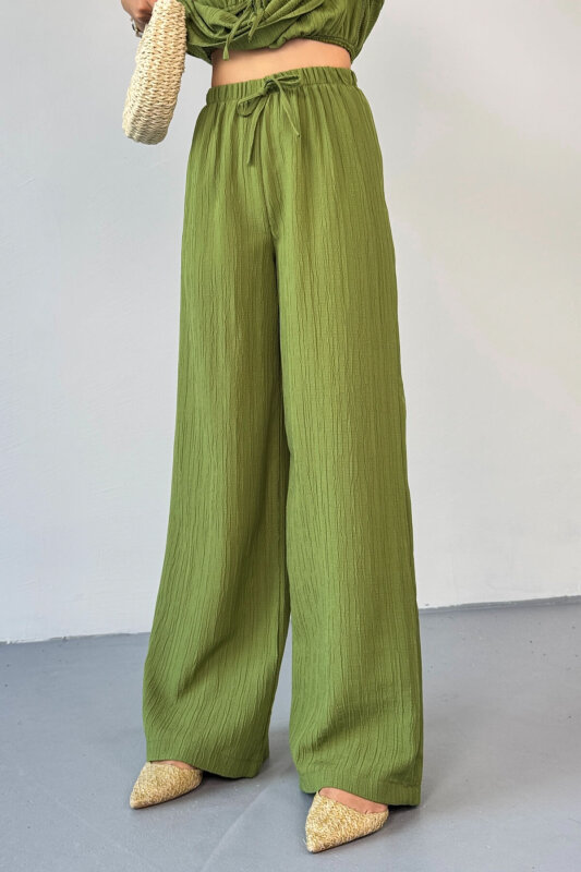 TKM-8028 Yeşil Bağlamalı Büzgü Detaylı Bluz & Bol Paça Pantolon Takım - 7
