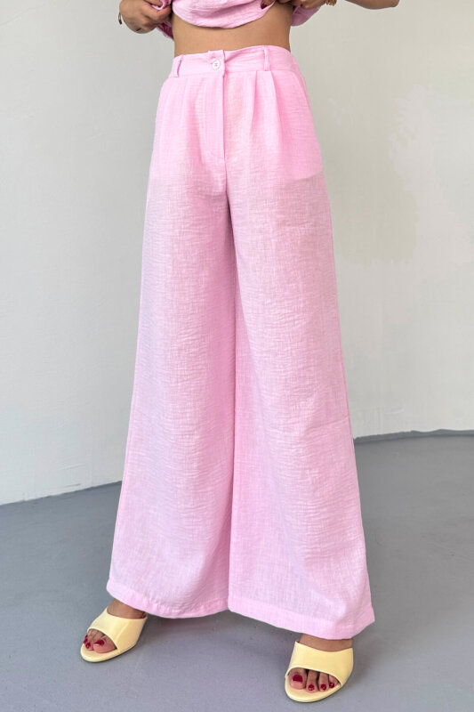 TKM-8041 Pembe Volan Detaylı Kolsuz Keten Bluz & Piliseli Arkası Lastikli Pantolon Takım - 3