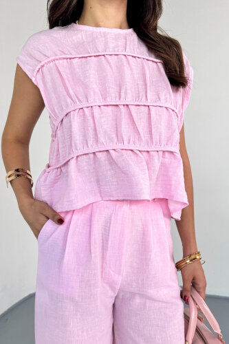 TKM-8041 Pembe Volan Detaylı Kolsuz Keten Bluz & Piliseli Arkası Lastikli Pantolon Takım - 4