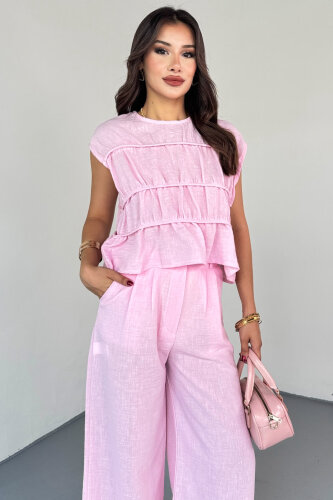 TKM-8041 Pembe Volan Detaylı Kolsuz Keten Bluz & Piliseli Arkası Lastikli Pantolon Takım - 2