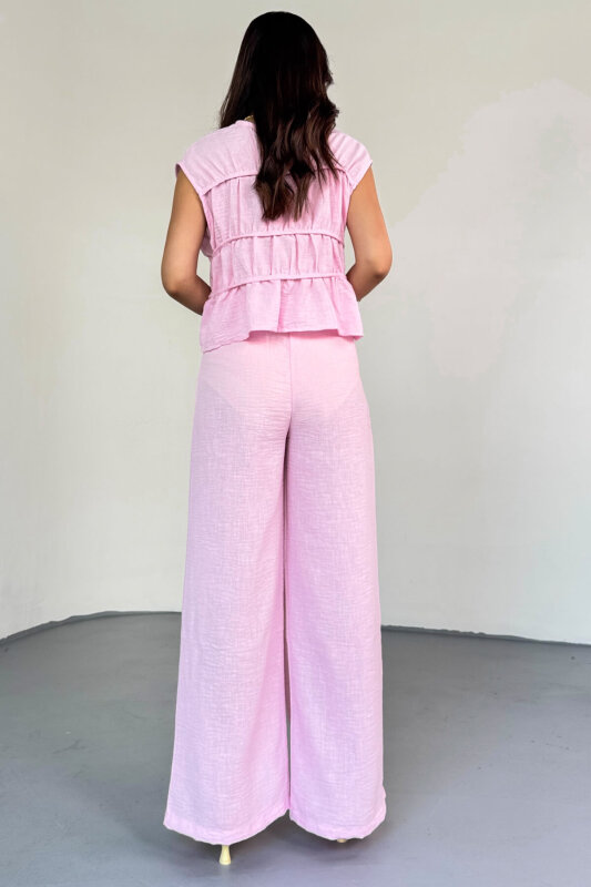 TKM-8041 Pembe Volan Detaylı Kolsuz Keten Bluz & Piliseli Arkası Lastikli Pantolon Takım - 6