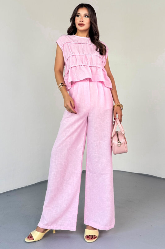 TKM-8041 Pembe Volan Detaylı Kolsuz Keten Bluz & Piliseli Arkası Lastikli Pantolon Takım - 7