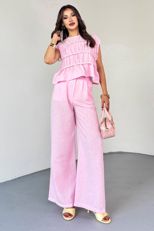 TKM-8041 Pembe Volan Detaylı Kolsuz Keten Bluz & Piliseli Arkası Lastikli Pantolon Takım - 8