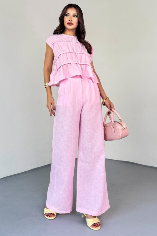 TKM-8041 Pembe Volan Detaylı Kolsuz Keten Bluz & Piliseli Arkası Lastikli Pantolon Takım - 9