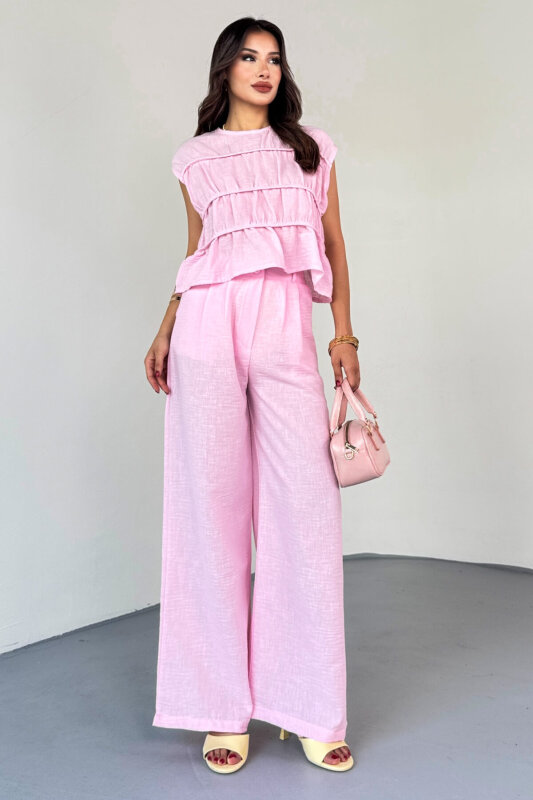 TKM-8041 Pembe Volan Detaylı Kolsuz Keten Bluz & Piliseli Arkası Lastikli Pantolon Takım - 10