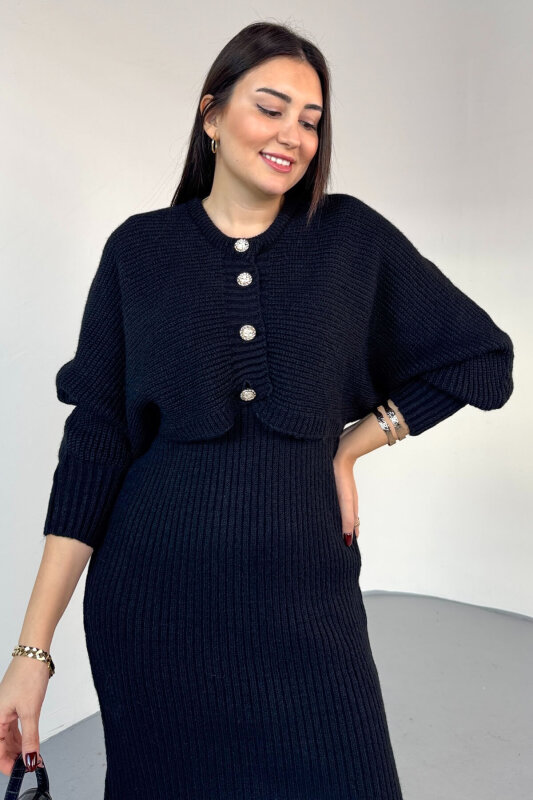 TKM-9049 Siyah Yumoş Dokulu Düğmeli Hırkal & Elbise İkili Triko Takım - 2