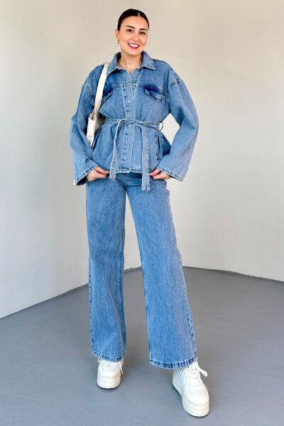 TKM-9327 Açık Mavi Kuşaklı Denim Ceket & Geniş Paça Jean İkili Takım - 1