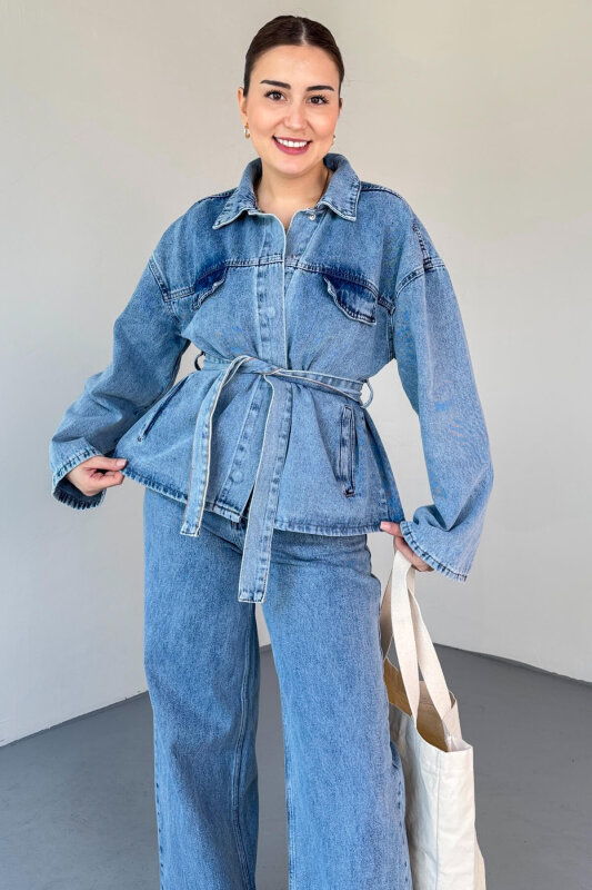 TKM-9327 Açık Mavi Kuşaklı Denim Ceket & Geniş Paça Jean İkili Takım - 2