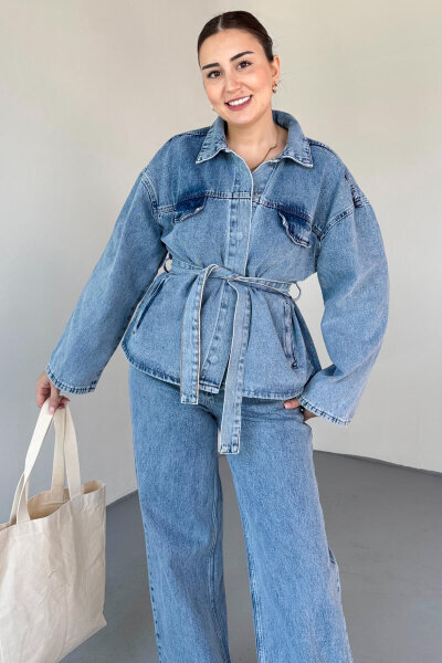 TKM-9327 Açık Mavi Kuşaklı Denim Ceket & Geniş Paça Jean İkili Takım - 3