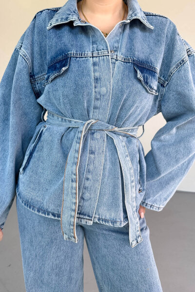 TKM-9327 Açık Mavi Kuşaklı Denim Ceket & Geniş Paça Jean İkili Takım - 4